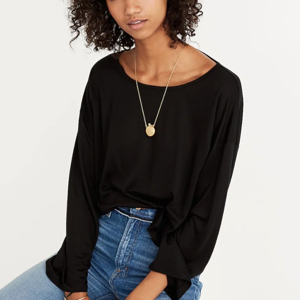 Madewell Libretto Wide-Sleeve Boat Neck Loose Fit Knit Top in Black EUC